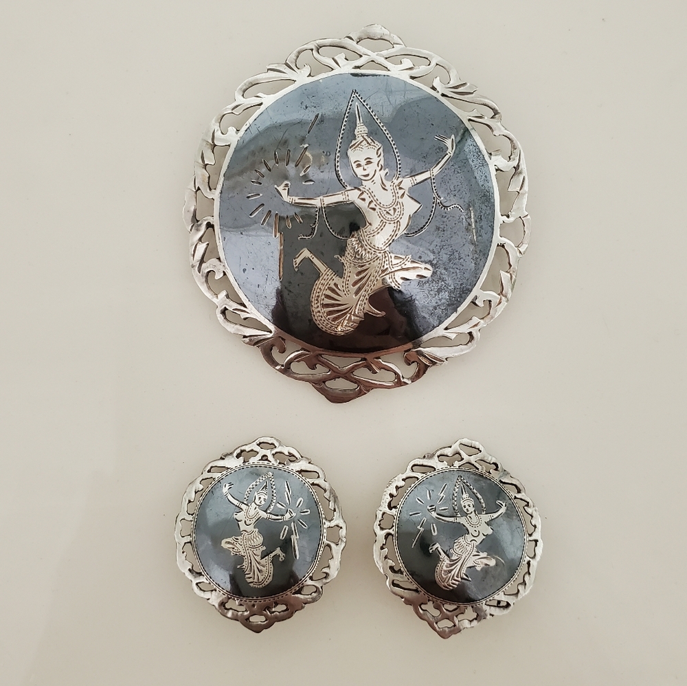Vintage Siam Sterling Pin Brooch and Earrings Set